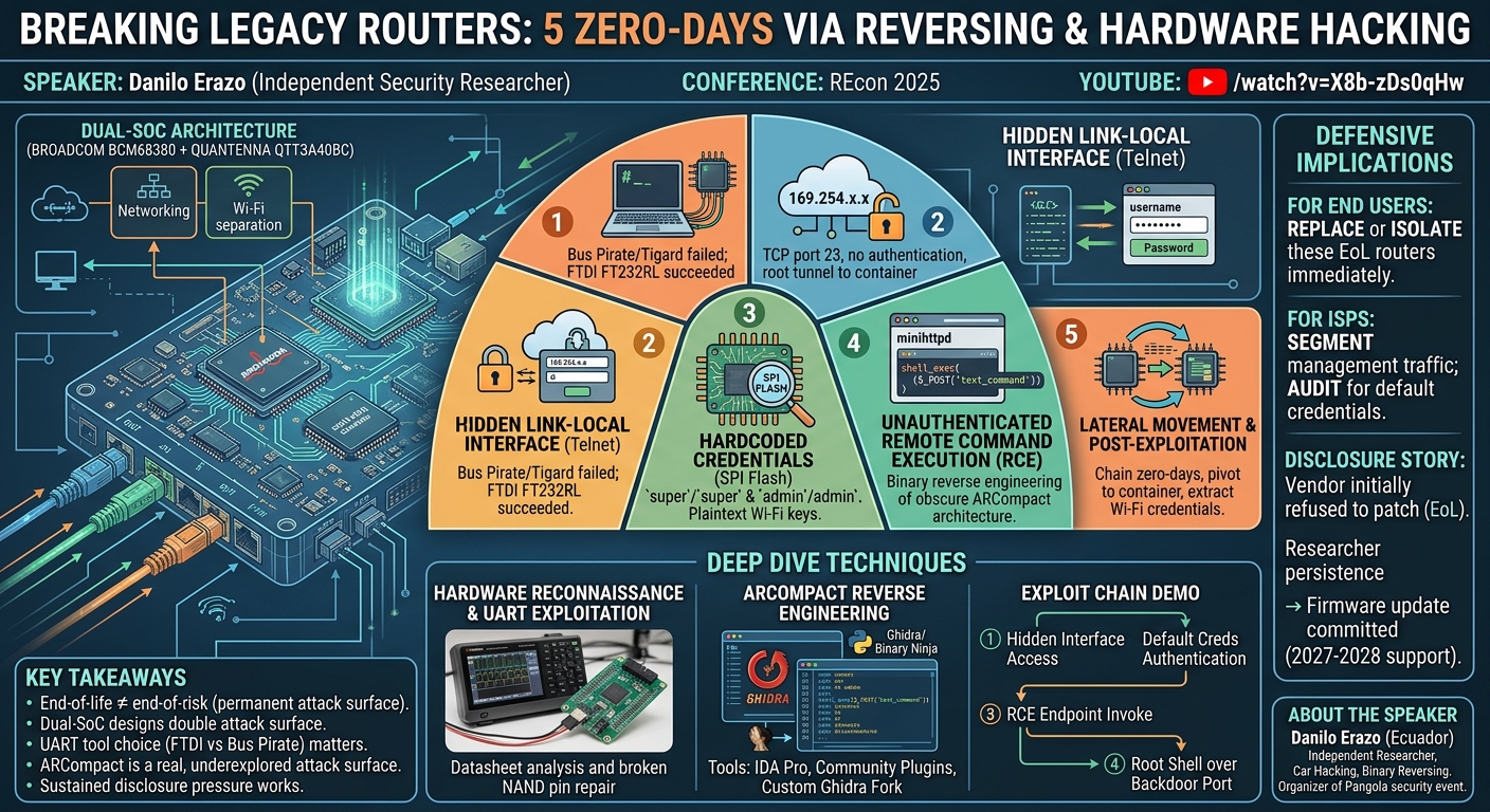Visual summary for Breaking Legacy Routers: 5 Zero-Days via Reversing and Hardware Hacking by Danilo Erazo