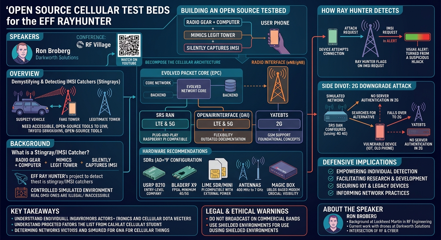 Visual summary for Open Source Cellular Test Beds for the EFF Rayhunter by Ron Broberg
