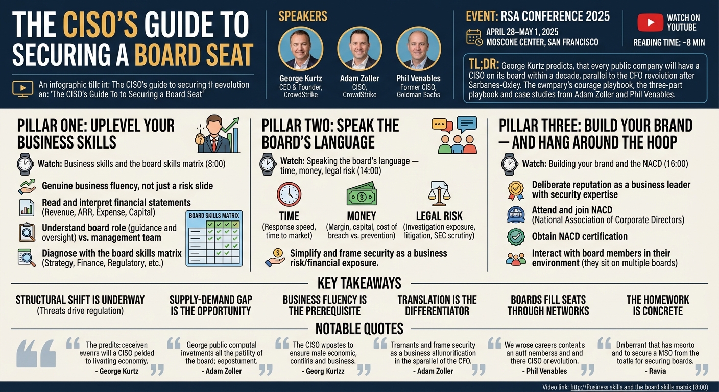 Visual summary for The CISO's Guide to Securing a Board Seat by George Kurtz, Adam Zoller, Phil Venables