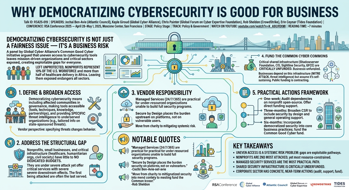 Visual summary for Why Democratizing Cybersecurity Is Good for Business by Jochai Ben-Avie, Kayle Giroud, Chris Painter, Rob Sheldon, Erin Ceynar