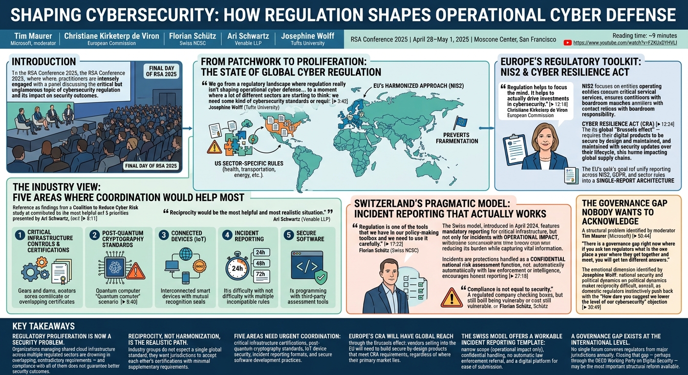 Visual summary for Shaping Cybersecurity: How Regulation Shapes Operational Cyber Defense by Christiane Kirketerp de Viron, Tim Maurer, Ari Schwartz, Josephine Wolff, Florian Schütz