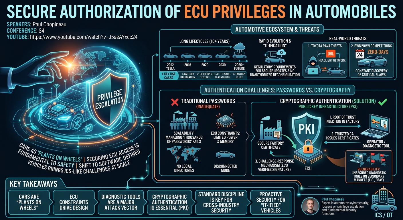 Visual summary for Secure Authorization Of ECU Privileges In Automobiles by Paul Chopineau