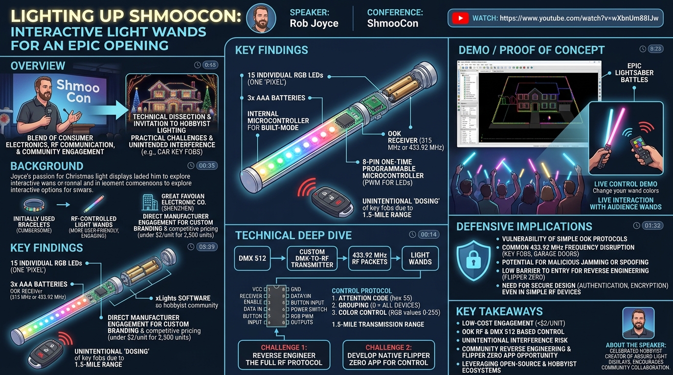 Visual summary for Lighting Up ShmooCon: Interactive Light Wands for an Epic Opening by Rob Joyce
