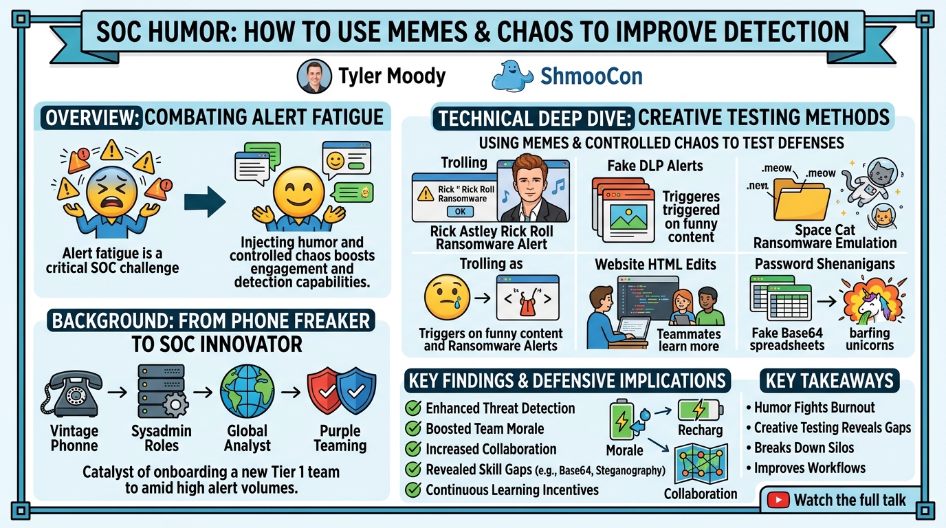 Visual summary for SOC Humor: How to Use Memes and Chaos to Improve Detection by Tyler Moody