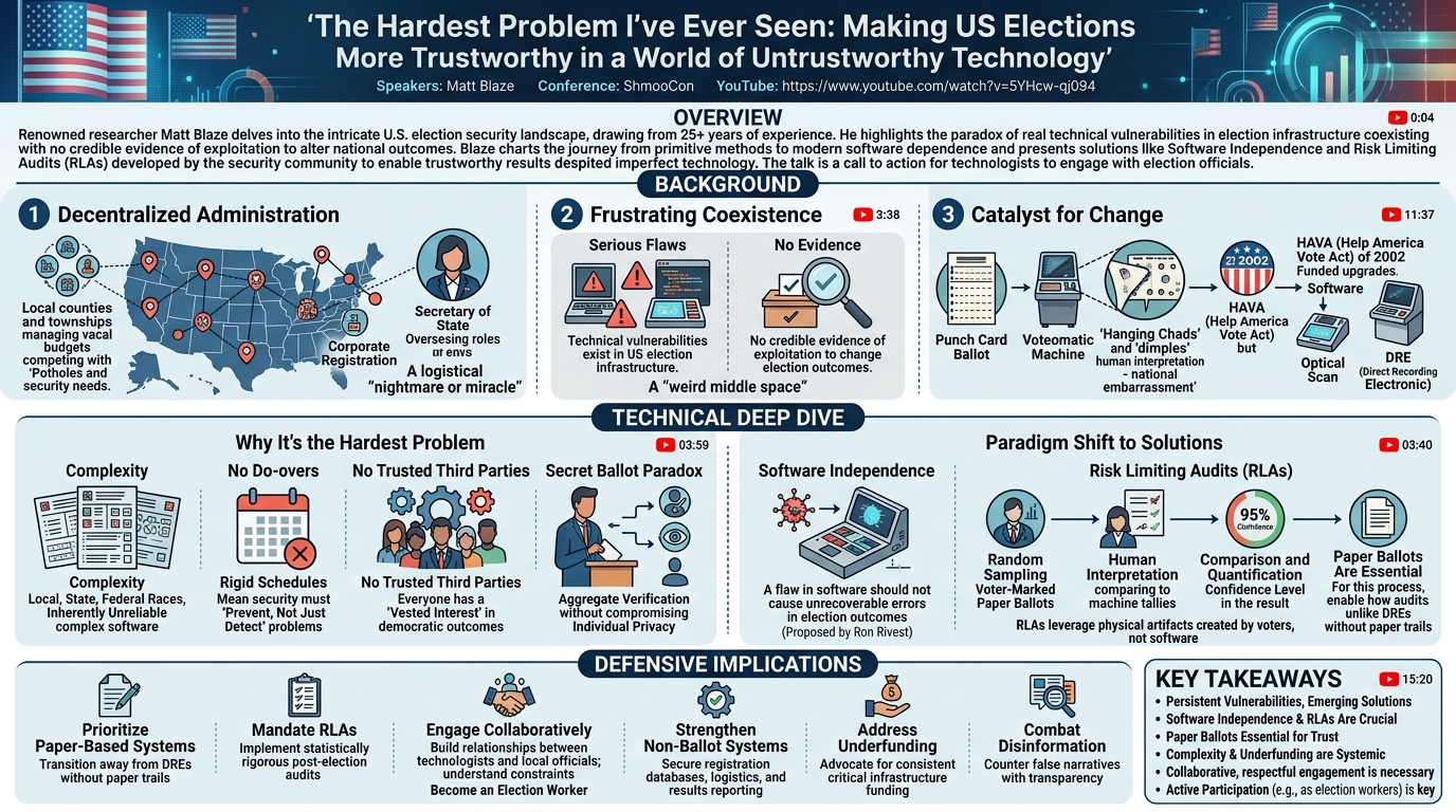 Visual summary for The Hardest Problem I've Ever Seen: Making US Elections More Trustworthy in a World of Untrustworthy Technology by Matt Blaze