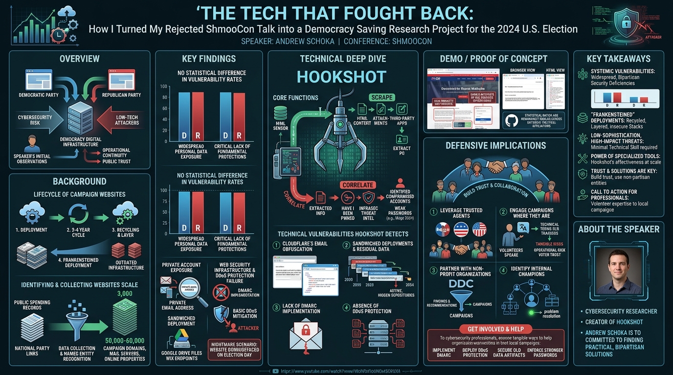Visual summary for The Tech That Fought Back: How I Turned My Rejected ShmooCon Talk into a Democracy Saving Research Project for the 2024 U.S. Election by Andrew Schoka