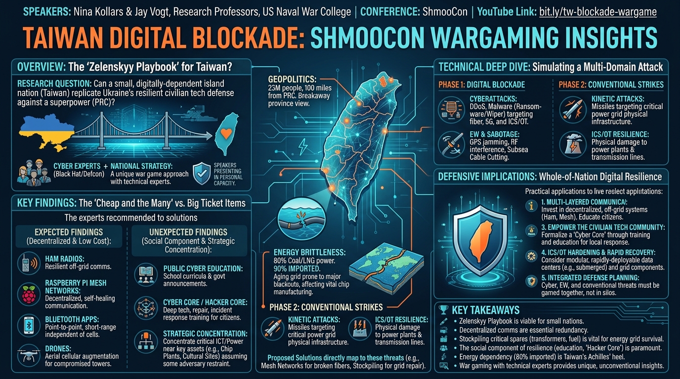 Visual summary for Taiwan Digital Blockade: How Wargaming Taught Me About ICS Vulnerabilities and Small Islands by Nina Kollars, Jay Vogt