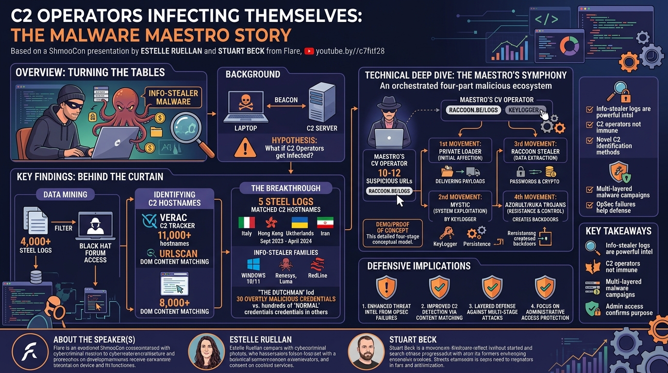 Visual summary for C2 Operators Infecting Themselves: The Malware Maestro Story by Estelle Ruellan, Stuart Beck