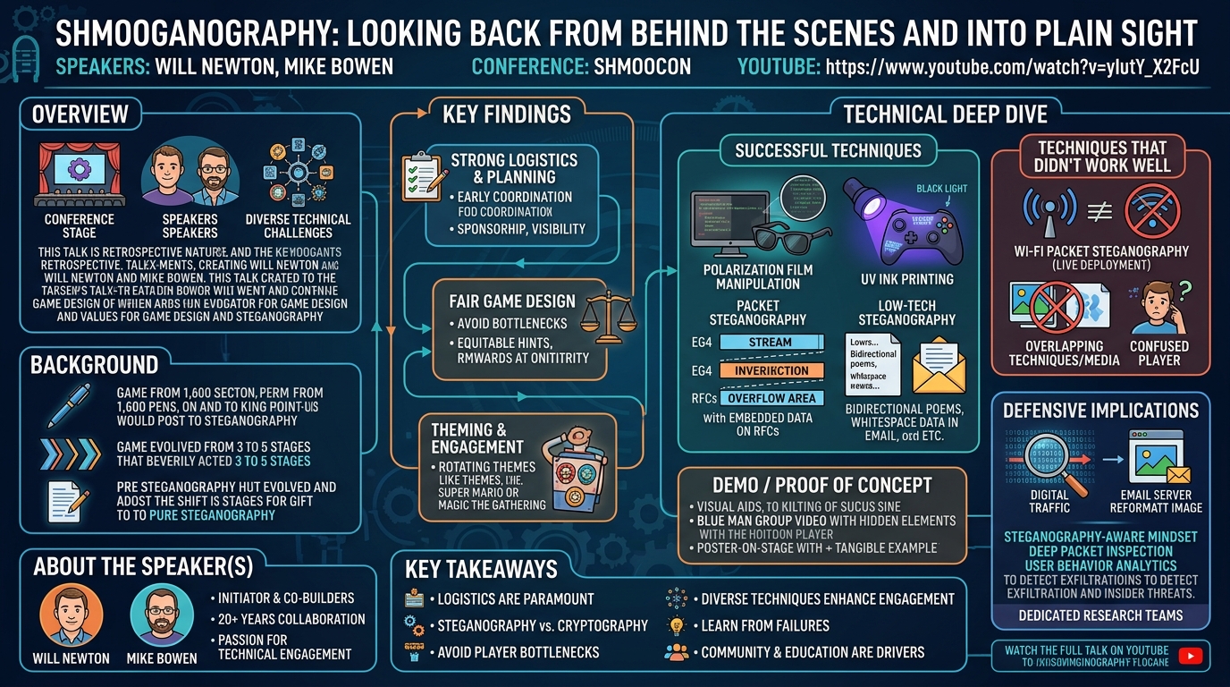 Visual summary for Shmooganography, Looking Back from Behind the Scenes and into Plain Sight by Will Newton, Mike Bowen