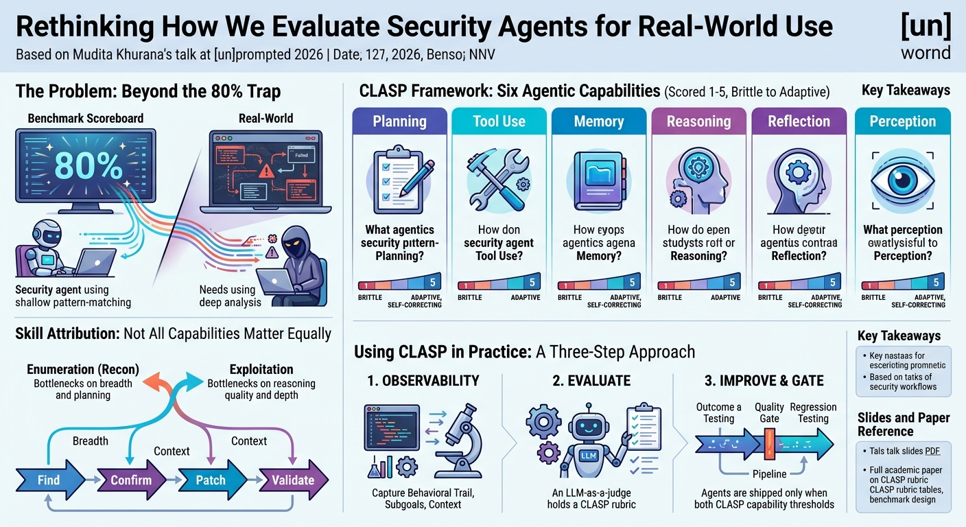 Visual summary for Rethinking how we evaluate security agents for real-world use by Mudita Khurana