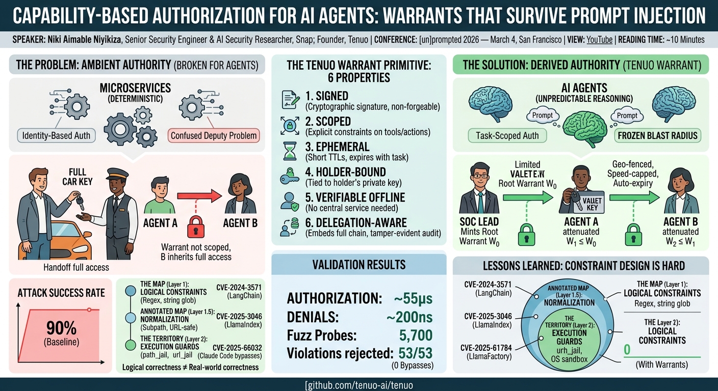 Visual summary for Capability-Based Authorization for AI Agents: Warrants That Survive Prompt Injection by Niki Aimable Niyikiza