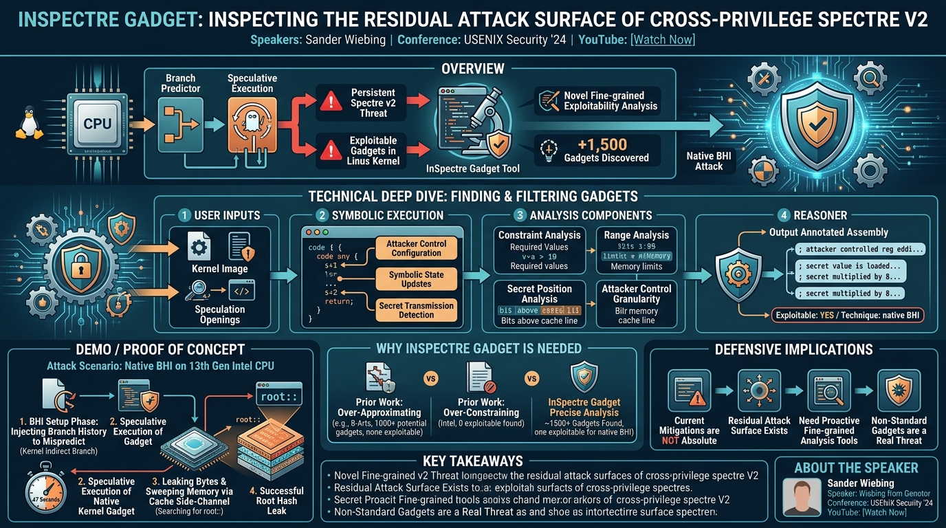 Visual summary for InSpectre Gadget: Inspecting the Residual Attack Surface of Cross-privilege Spectre v2 by Sander Wiebing