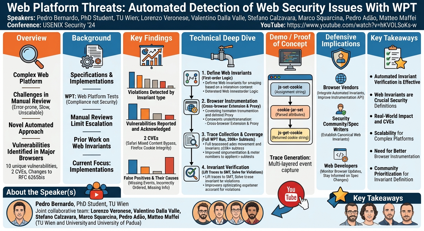 Visual summary for Web Platform Threats: Automated Detection of Web Security Issues With WPT by Pedro Bernardo, Lorenzo Veronese, Valentino Dalla Valle, Stefano Calzavara, Marco Squarcina, Pedro Adão, Matteo Maffei