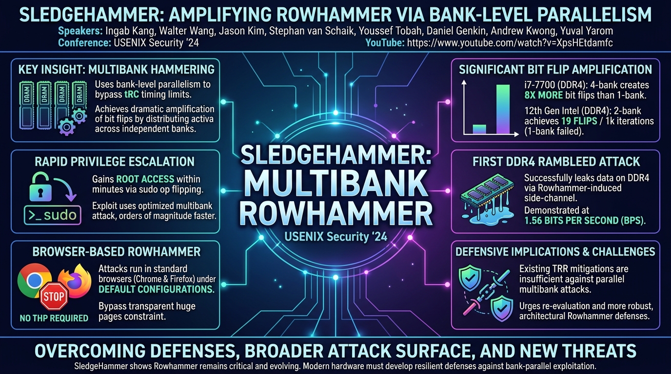 Visual summary for SledgeHammer: Amplifying Rowhammer via Bank-level Parallelism by Ingab Kang, Walter Wang, Jason Kim, Stephan van Schaik, Youssef Tobah, Daniel Genkin, Andrew Kwong, Yuval Yarom