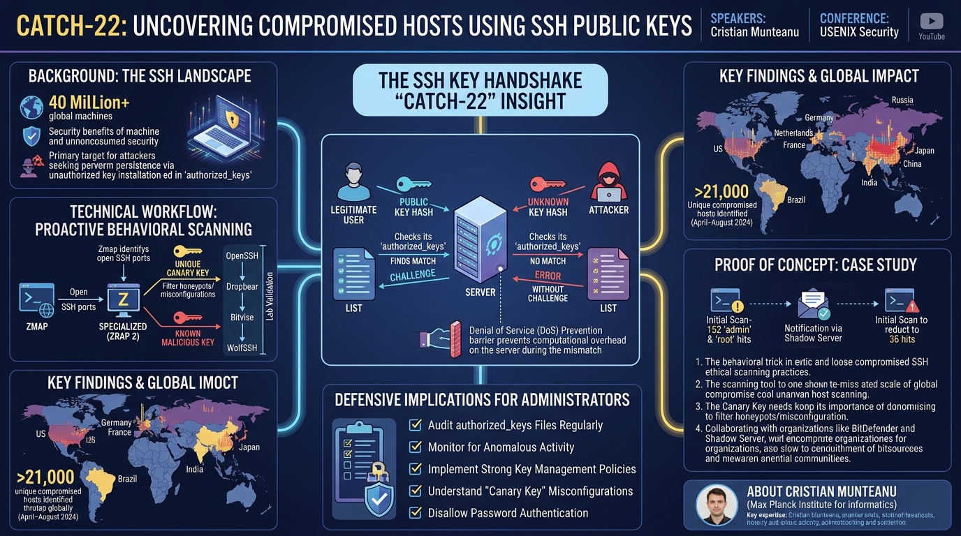 Visual summary for Catch-22: Uncovering Compromised Hosts using SSH Public Keys by Cristian Munteanu