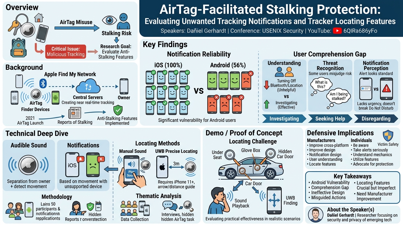 Visual summary for AirTag-Facilitated Stalking Protection: Evaluating Unwanted Tracking Notifications and Tracker Locating Features by Dañiel Gerhardt