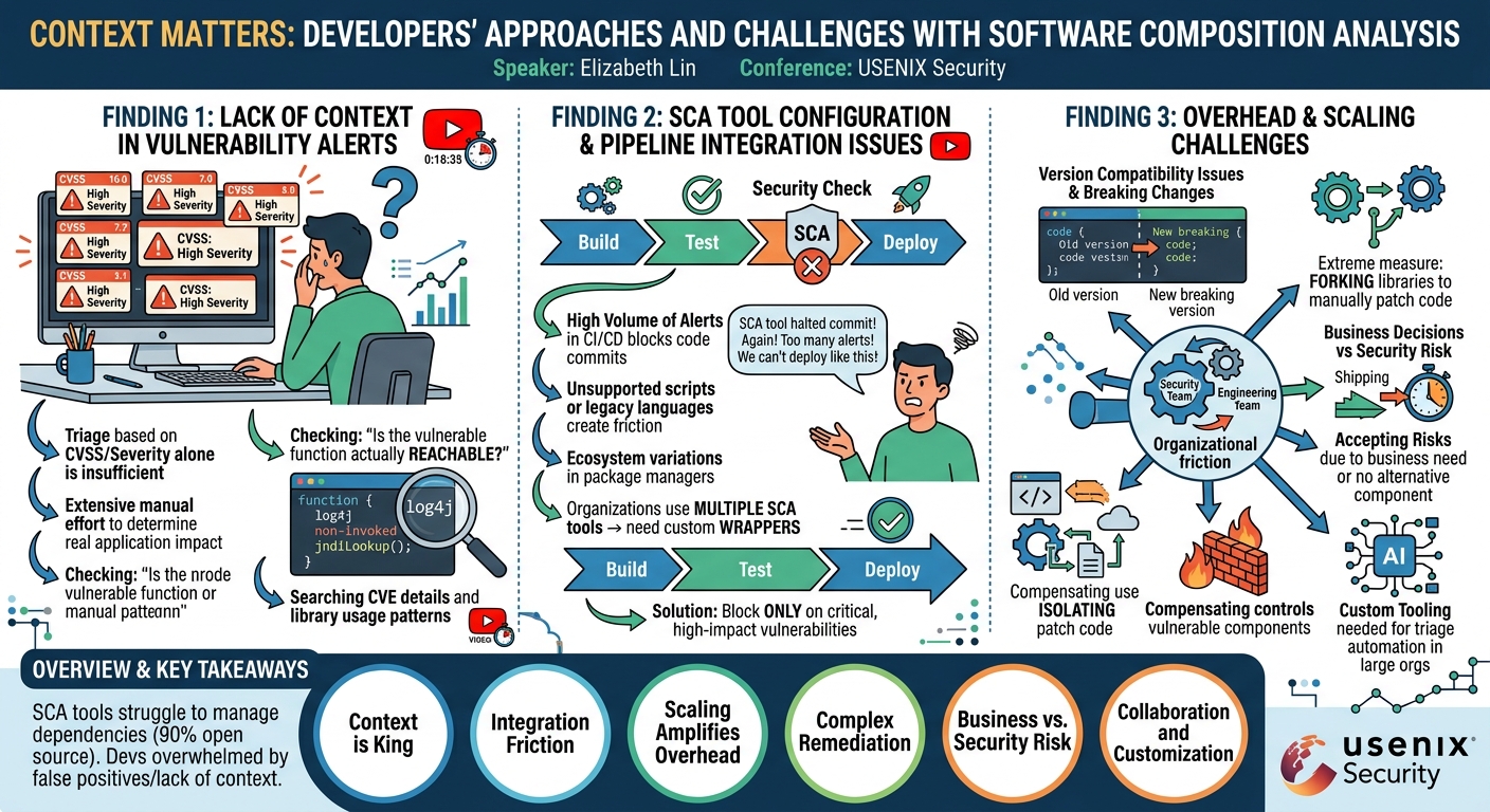Visual summary for Context Matters: Qualitative Insights into Developers' Approaches and Challenges with Software Composition Analysis by Elizabeth Lin