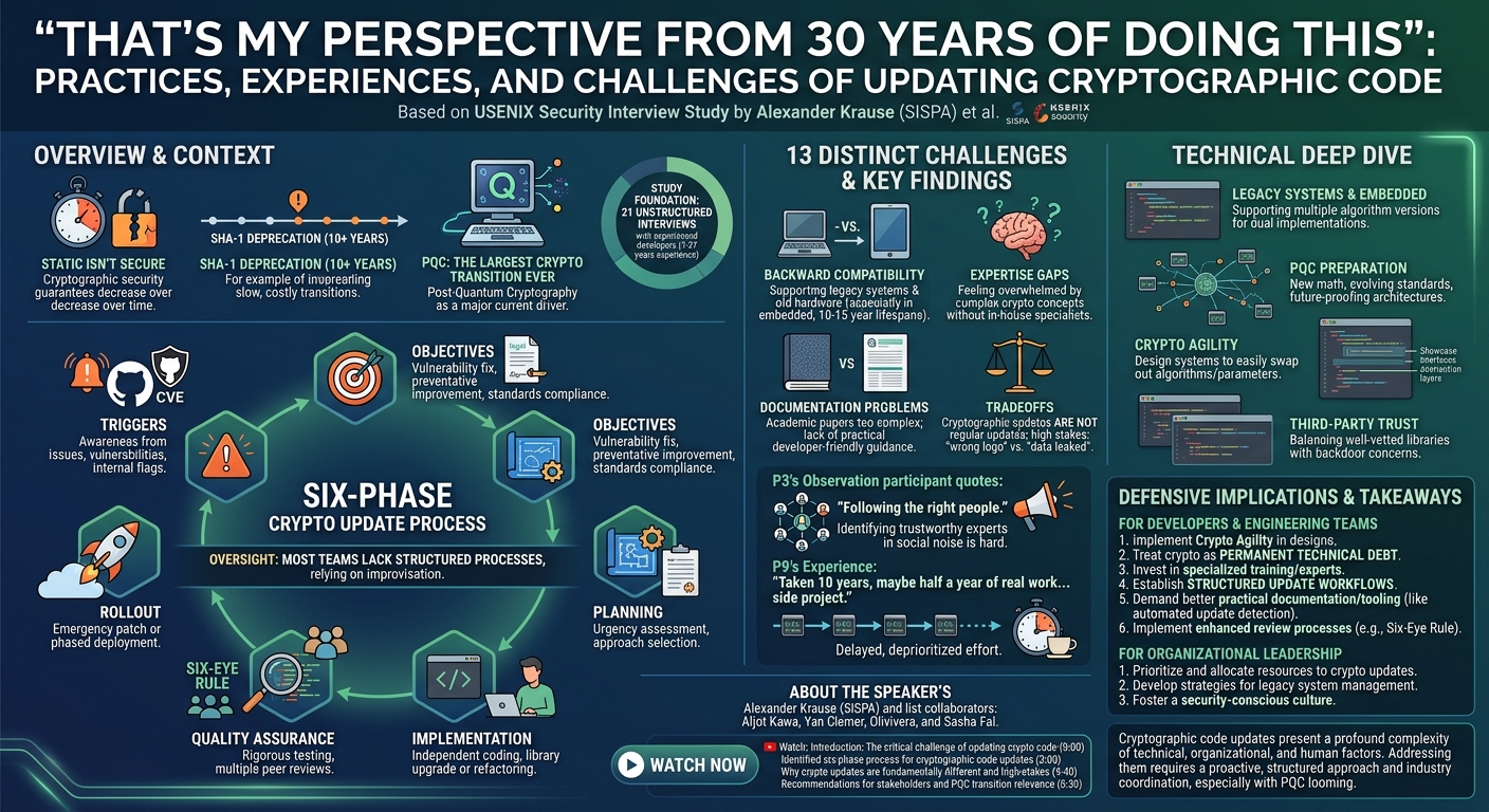 Visual summary for "That's my perspective from 30 years of doing this": An Interview Study on Practices, Experiences, and Challenges of Updating Cryptographic Code by Alexander Krause