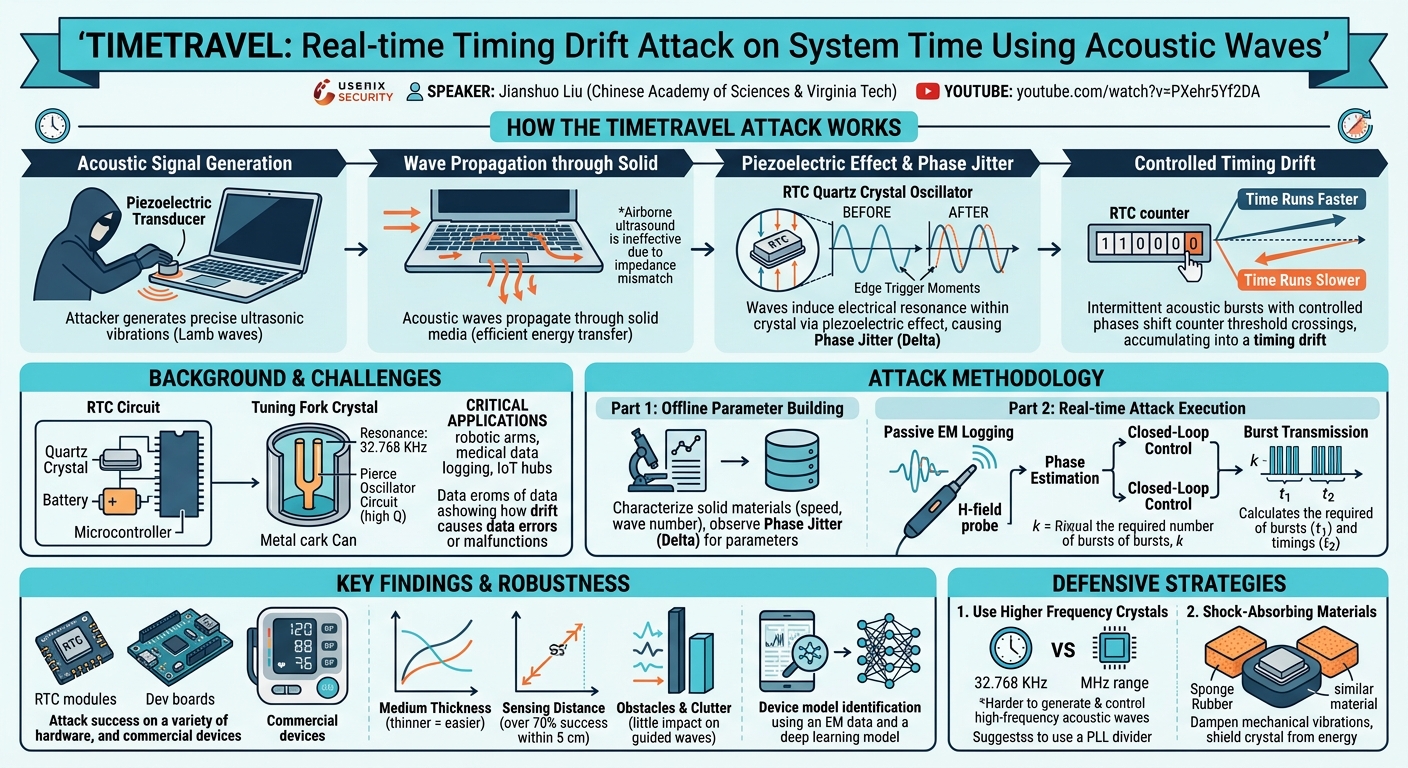 Visual summary for TimeTravel: Real-time Timing Drift Attack on System Time Using Acoustic Waves by Jianshuo Liu