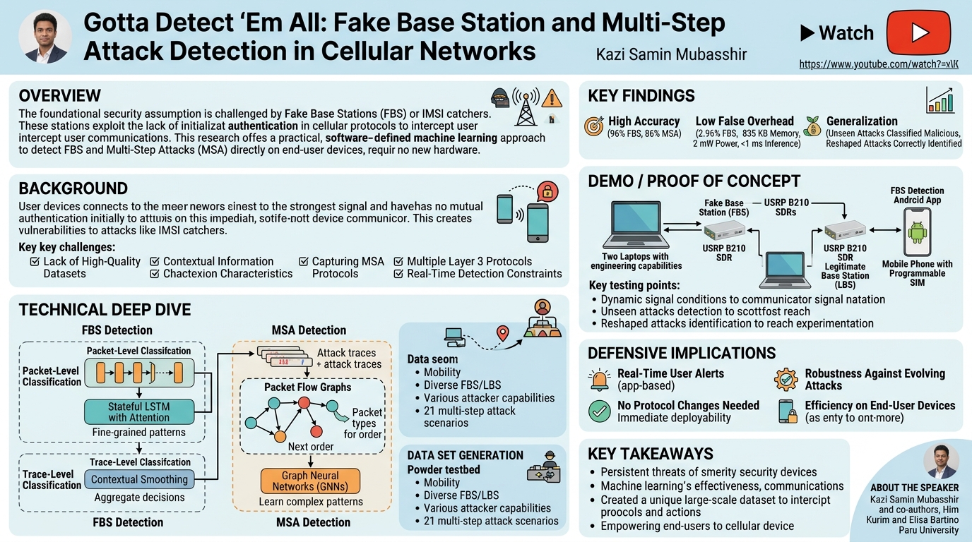 Visual summary for Gotta Detect 'Em All: Fake Base Station and Multi-Step Attack Detection in Cellular Networks by Kazi Samin Mubasshir