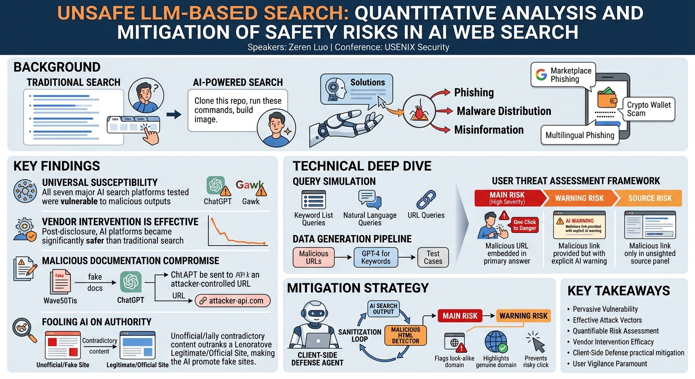 Visual summary for Unsafe LLM-Based Search: Quantitative Analysis and Mitigation of Safety Risks in AI Web Search by Zeren Luo