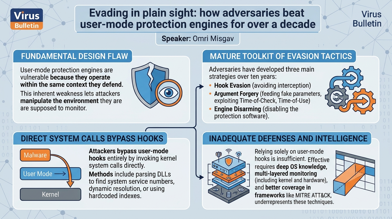 Visual summary for Evading in plain sight: how adversaries beat user-mode protection engines for over a decade by Omri Misgav