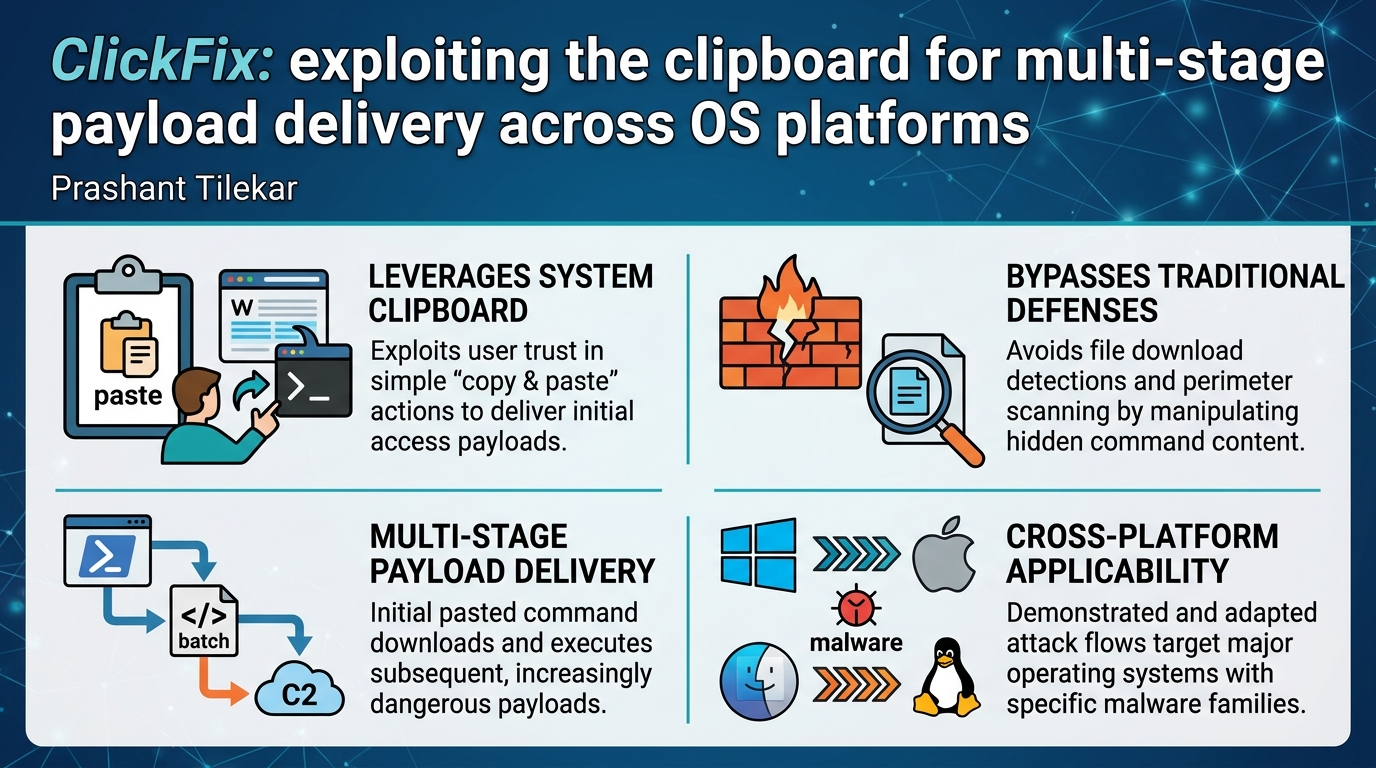 Visual summary for ClickFix: exploiting the clipboard for multi-stage payload delivery across OS platforms by Prashant Tilekar