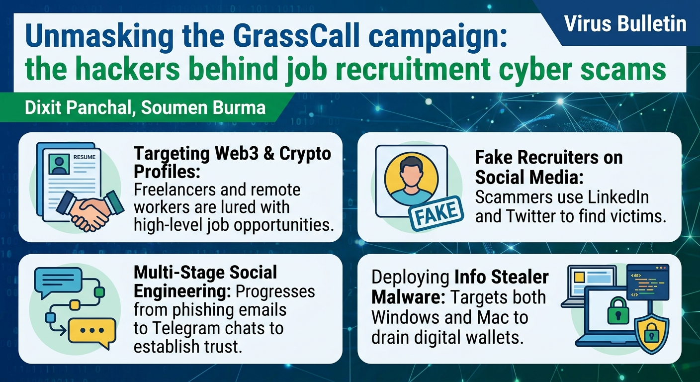 Visual summary for Unmasking the GrassCall campaign: the hackers behind job recruitment cyber scams by Dixit Panchal, Soumen Burma