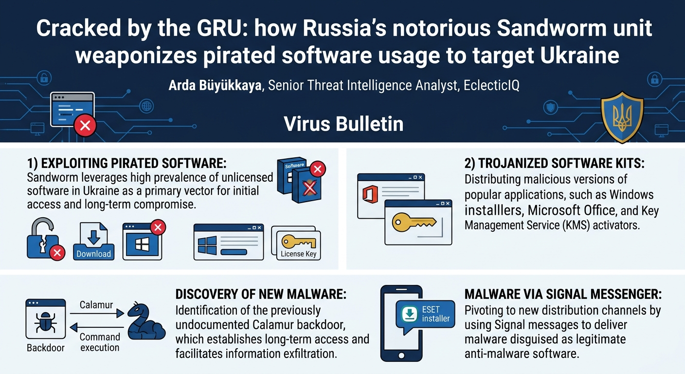 Visual summary for Cracked by the GRU: how Russia's notorious Sandworm unit weaponizes pirated software usage to target Ukraine by Arda Büyükkaya