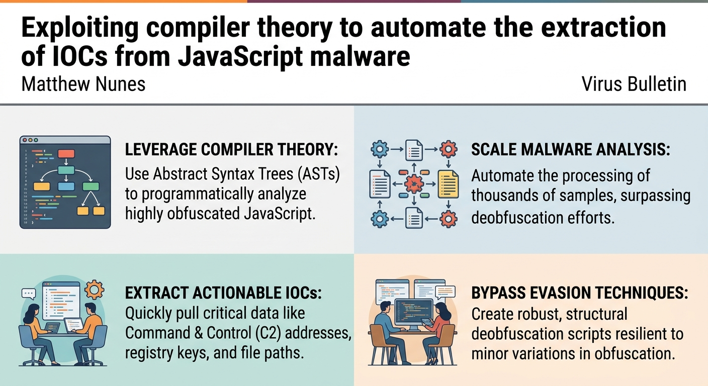 Visual summary for Exploiting compiler theory to automate the extraction of IOCs from JavaScript malware by Matthew Nunes
