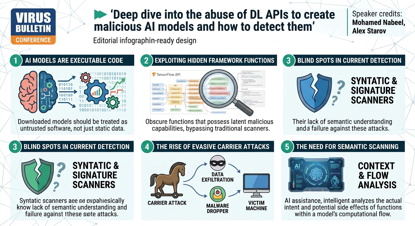 Visual summary for Deep dive into the abuse of DL APIs to create malicious AI models and how to detect them by Mohamed Nabeel, Alex Starov