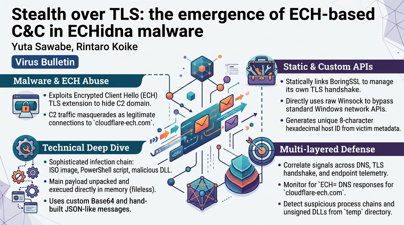 Visual summary for Stealth over TLS: the emergence of ECH-based C&C in ECHidna malware by Yuta Sawabe, Rintaro Koike
