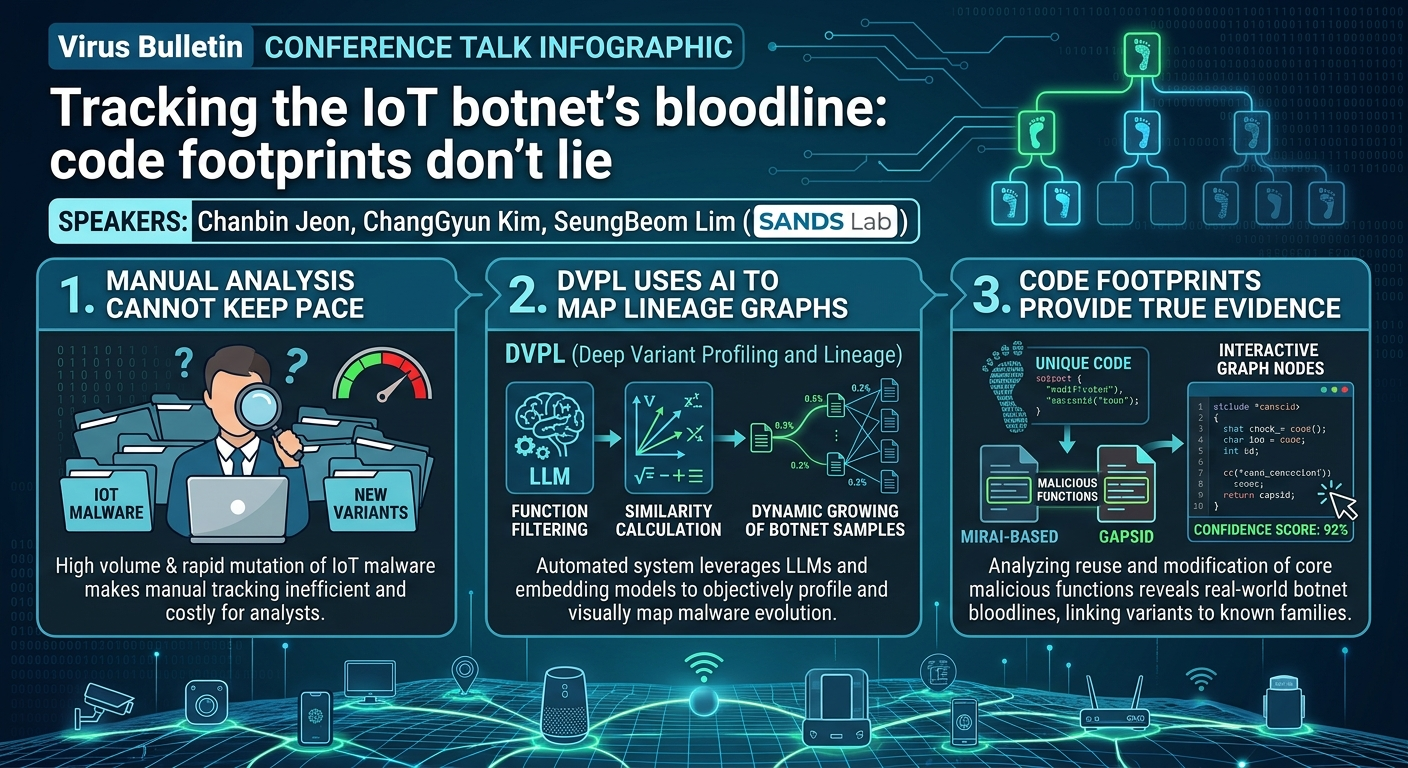 Visual summary for Tracking the IoT botnet's bloodline: code footprints don't lie by Chanbin Jeon, ChangGyun Kim, SeungBeom Lim