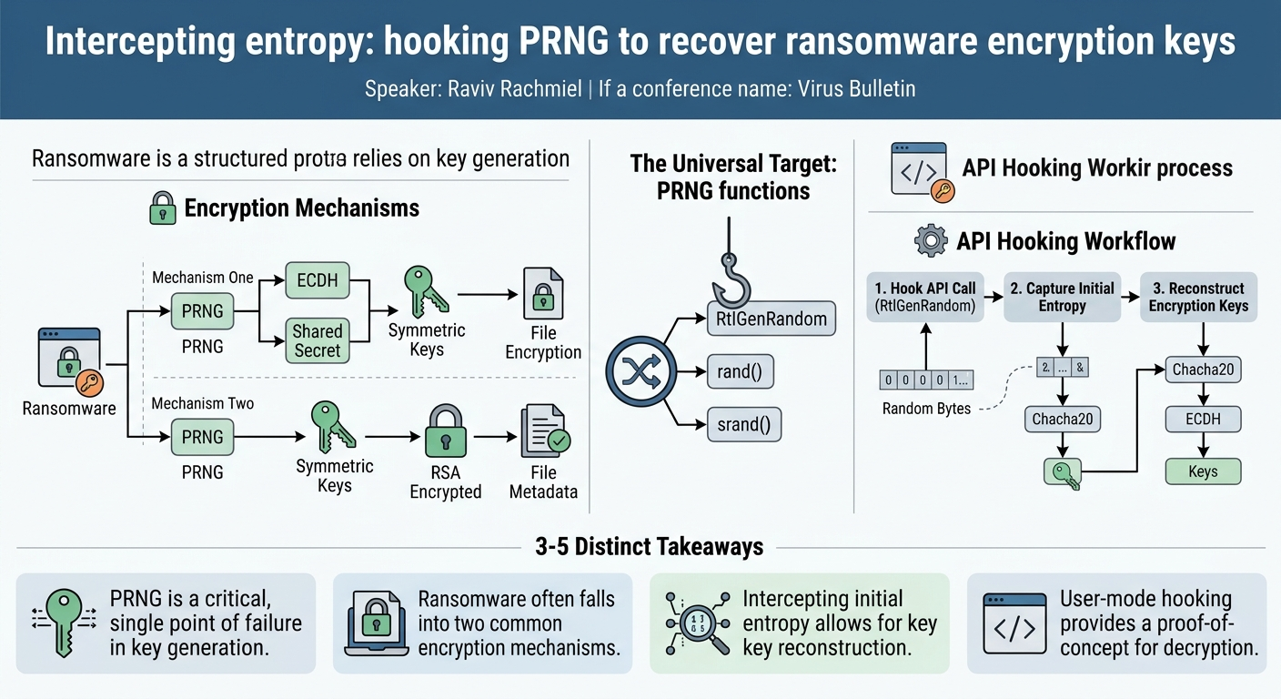 Visual summary for Intercepting entropy: hooking PRNG to recover ransomware encryption keys by Raviv Rachmiel