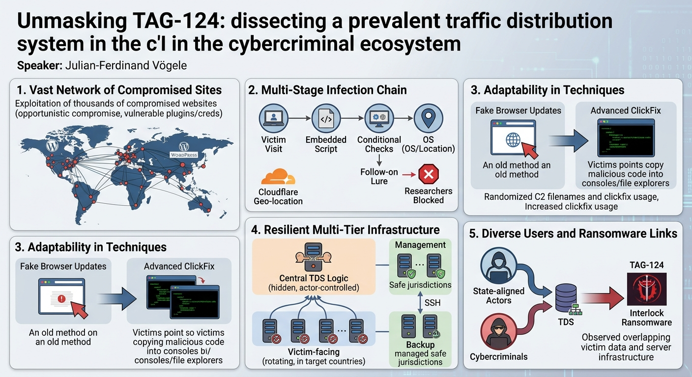 Visual summary for Unmasking TAG-124: dissecting a prevalent traffic distribution system in the cybercriminal ecosystem by Julian-Ferdinand Vögele