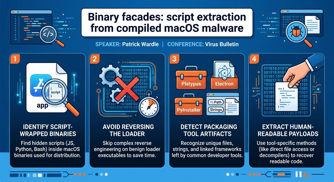 Visual summary for Binary facades: script extraction from compiled macOS malware by Patrick Wardle