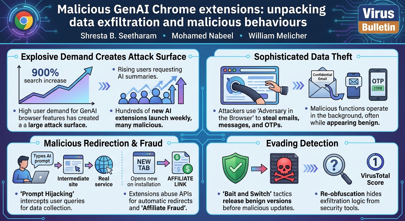 Visual summary for Malicious GenAI Chrome extensions: unpacking data exfiltration and malicious behaviours by Shresta B. Seetharam, Mohamed Nabeel, William Melicher