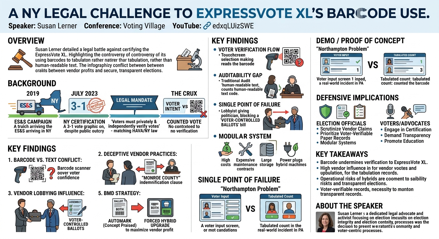 Visual summary for A NY Legal Challenge to ExpressVote XL's Barcode Use by Susan Lerner