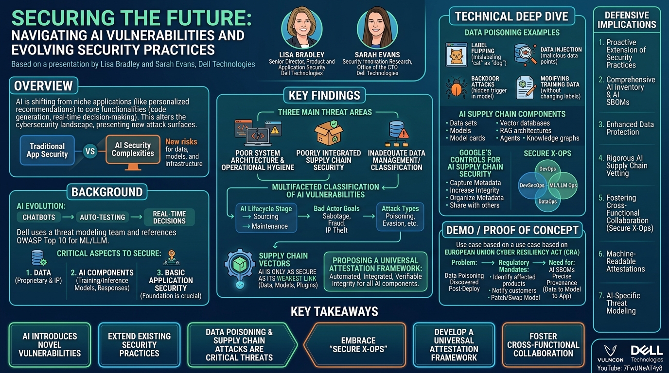 Visual summary for Securing the Future: Navigating AI Vulnerabilities and Evolving Security Practices by Lisa Bradley, Sarah Evans