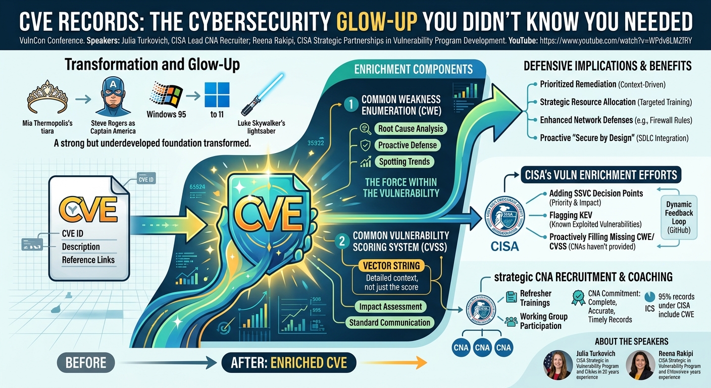 Visual summary for CVE Records: The Cybersecurity Glow-Up You Didn’t Know You Needed by Julia Turkovich, Reena Rakipi